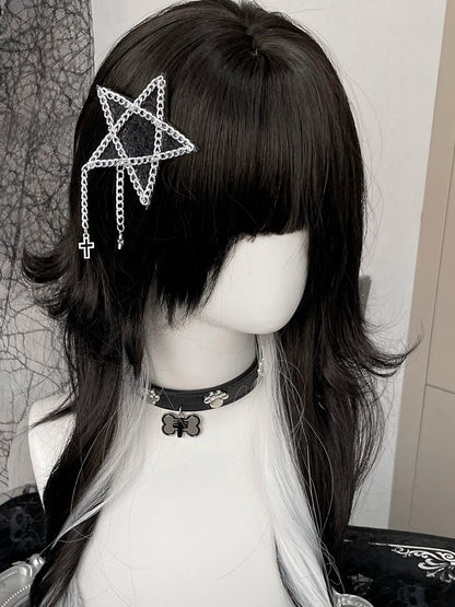 Black/Pink Cross Charm Rhinestone Star Hairclip