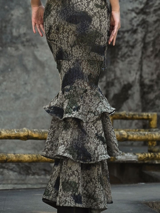 Dusty Green Tie Dye Pastel Goth Mermaid Skirt Flower Birdcage Hemline