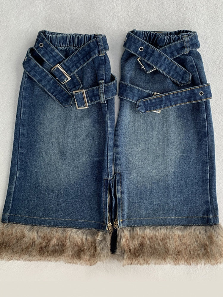 Blue Buckle Straps Flared Denim Leg Warmers