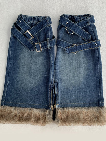 Blue Buckle Straps Flared Denim Leg Warmers