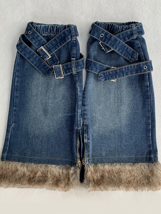 Blue Buckle Straps Flared Denim Leg Warmers