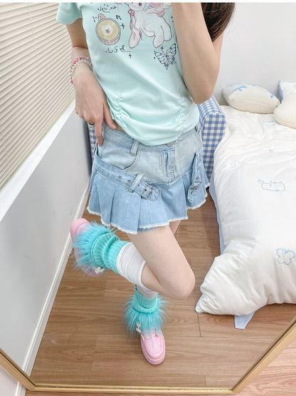 Punk Blue Buckle Straps Raw Hem Denim Glamorous Pleated Skirt