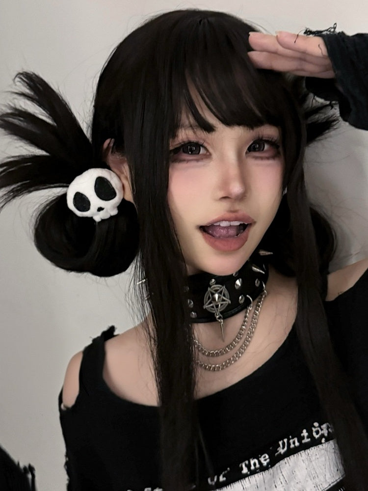 Black Stud Detail Punk PU Choker with Chain