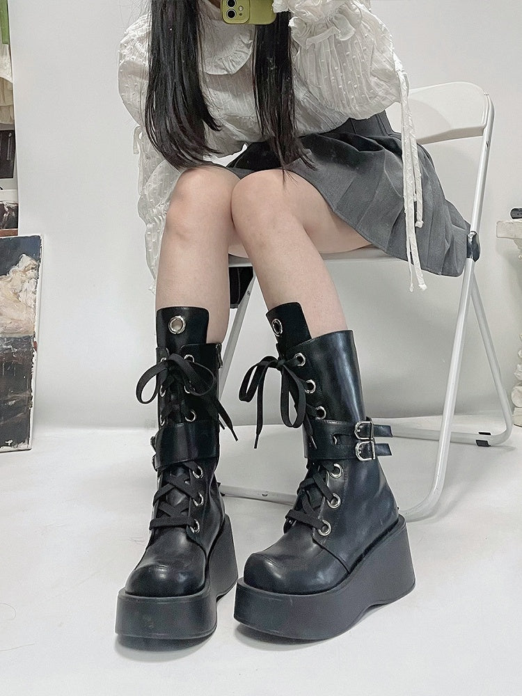 Y2K Black Buckle Strap Gothic Platform Knee-high Boots