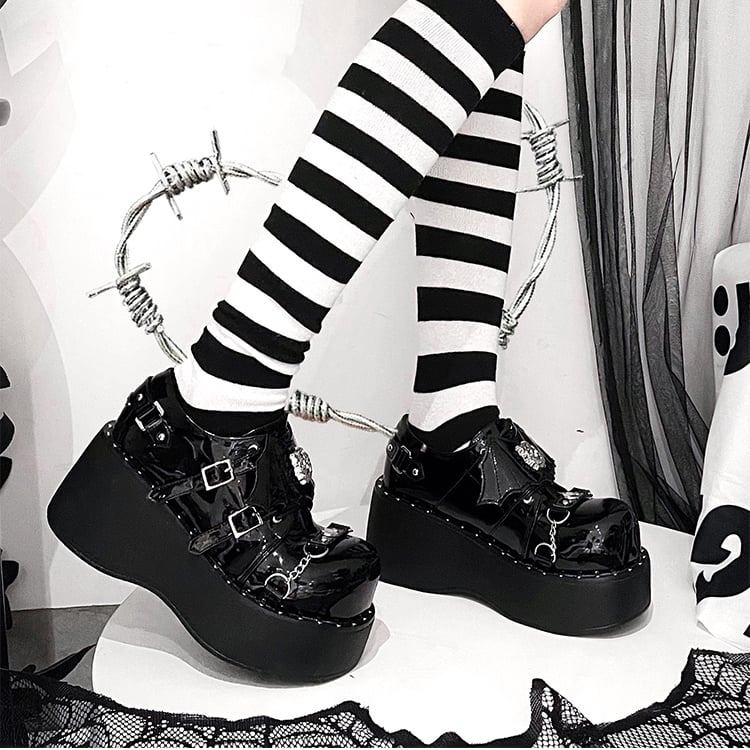 Devil Wings Punk Black Platforms Silver-tone Studs Goth Shoes