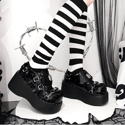 Devil Wings Punk Black Platforms Silver-tone Studs Goth Shoes