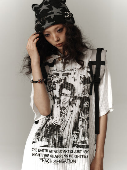 Punk White Asymmetrical Cutout Shoulder Graphic T-shirt