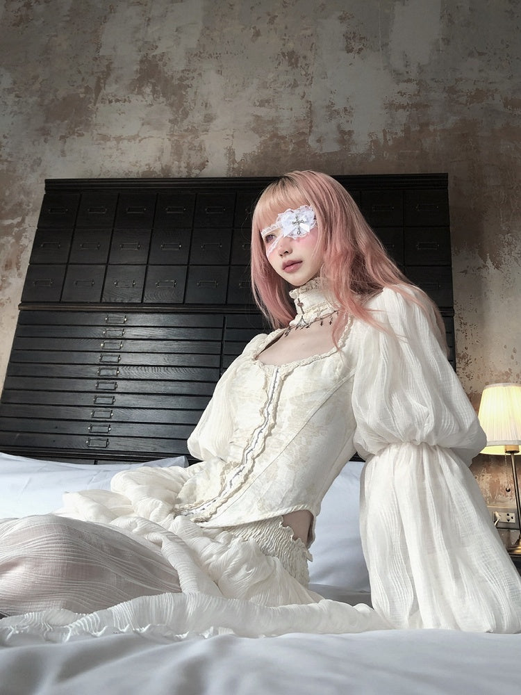 Beige Lace Ruffled Choker with Chain Cross Design