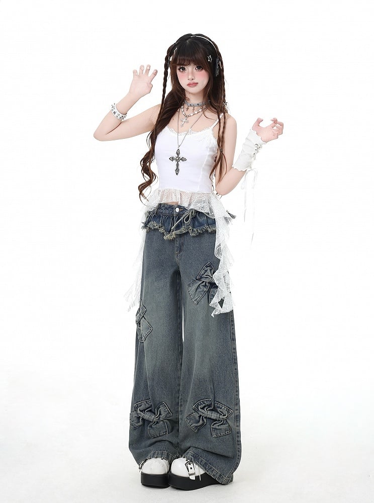 Blue Big Bows Raw Hem Wide-Leg Jeans