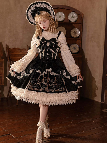Bows Decoration Candle Embroidery Black Velvet Dress Lolita JSK / Set