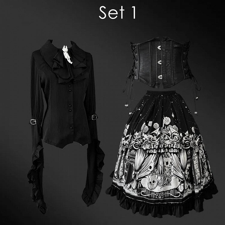 Plus Sizes Available Dark Gothic Lolita Full Set - Black Long Sleeves Shirt + Skirt + Corset Belt