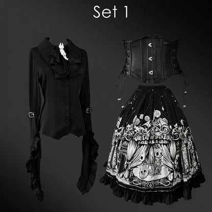 Plus Sizes Available Dark Gothic Lolita Full Set - Black Long Sleeves Shirt + Skirt + Corset Belt