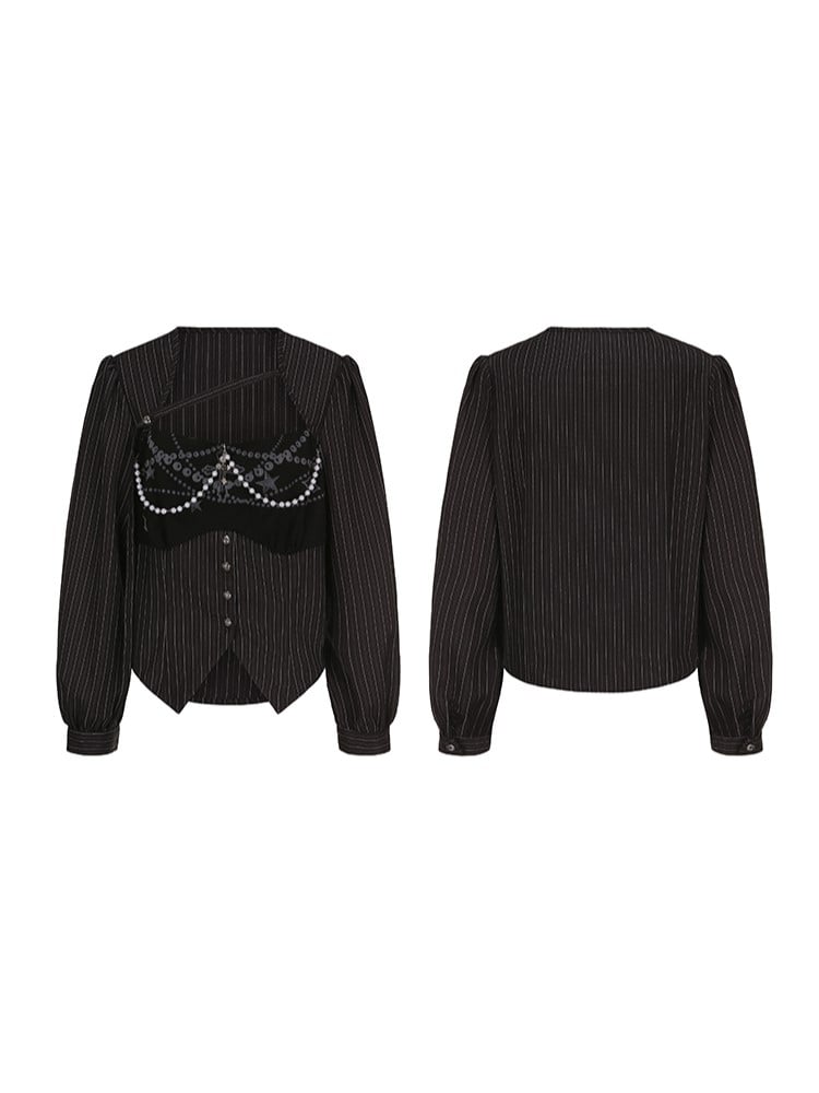 Plus Size Black Y2K Gothic Striped Top with Cross Charms & Bead Chains