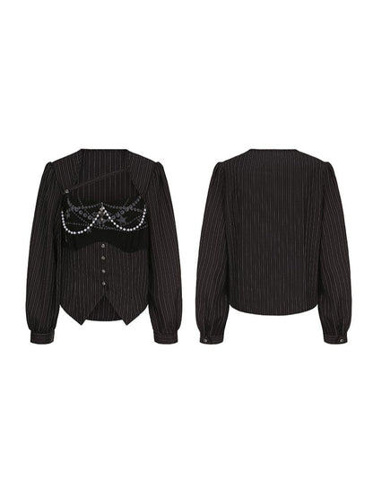 Plus Size Black Y2K Gothic Striped Top with Cross Charms & Bead Chains