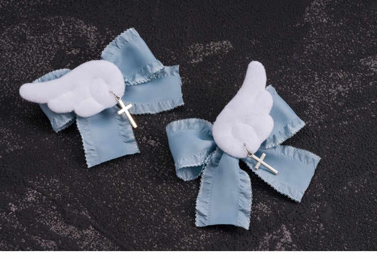 Cross Charm Blue and White Handmade Angel Wings Bowknot Hairclips
