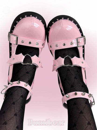 Devil Wing Design Pink Stud Detail Buckle Ankle Strap Platform Mary Janes