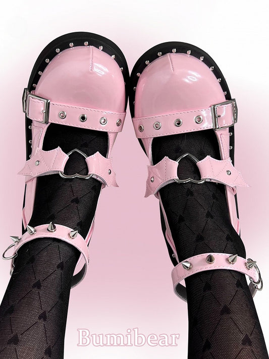 Devil Wing Design Pink Stud Detail Buckle Ankle Strap Platform Mary Janes