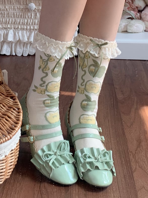 Green/Red Apple Print Lace Trim Sweet Lolita Calf Socks