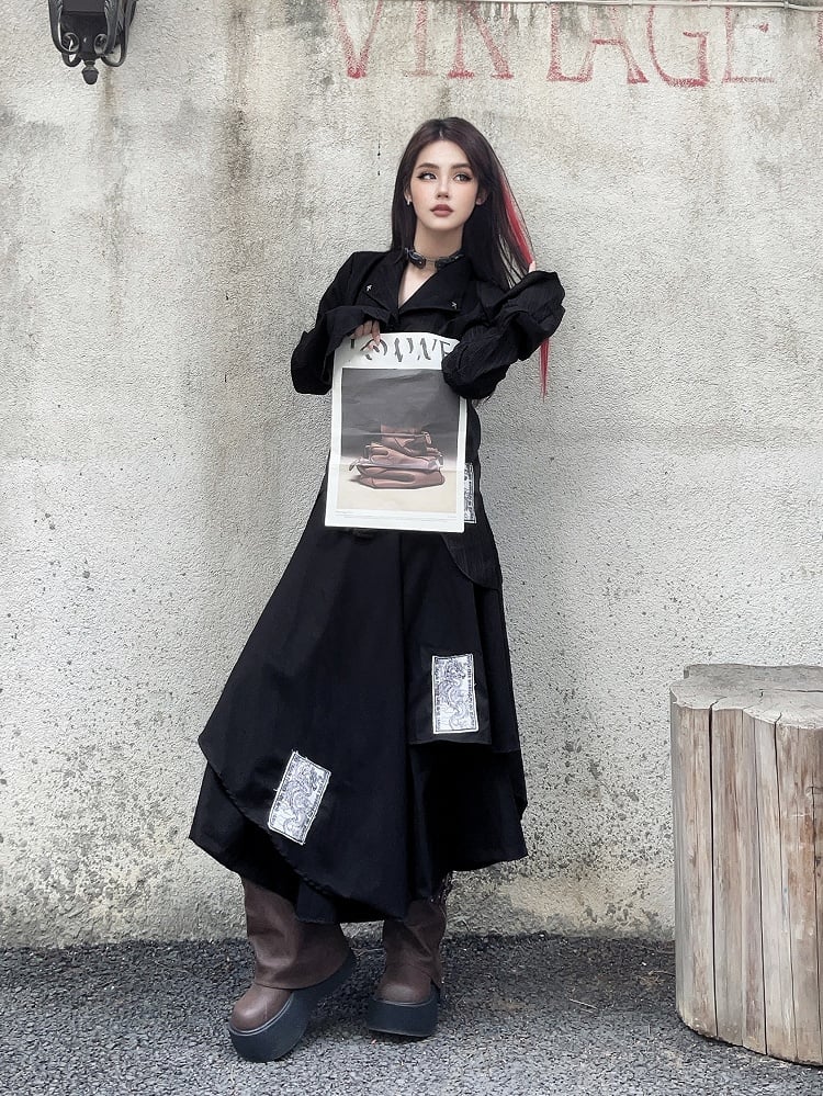 Black Notched Collar Bell Sleeves Punk Appliques Asymmetrical Shirt