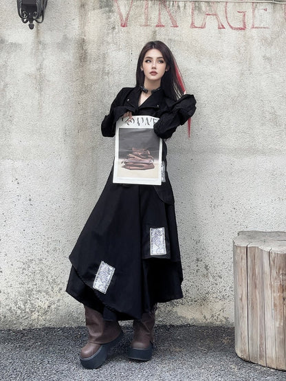 Black Notched Collar Bell Sleeves Punk Appliques Asymmetrical Shirt