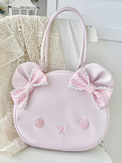 Pink Polka-dot Pattern Bowknot Details Bear Tote Bag