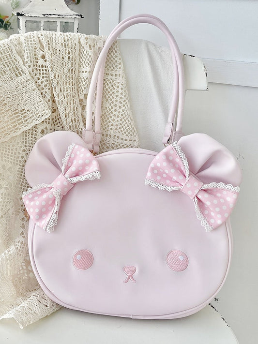 Pink Polka-dot Pattern Bowknot Details Bear Tote Bag