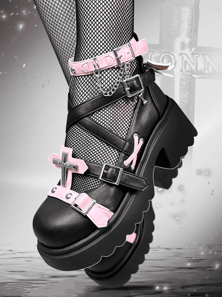 Silver-tone Studs Cross Black and Pink Platform Chunky Heels Punk Shoes