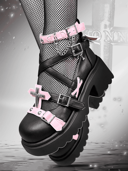 Silver-tone Studs Cross Black and Pink Platform Chunky Heels Punk Shoes