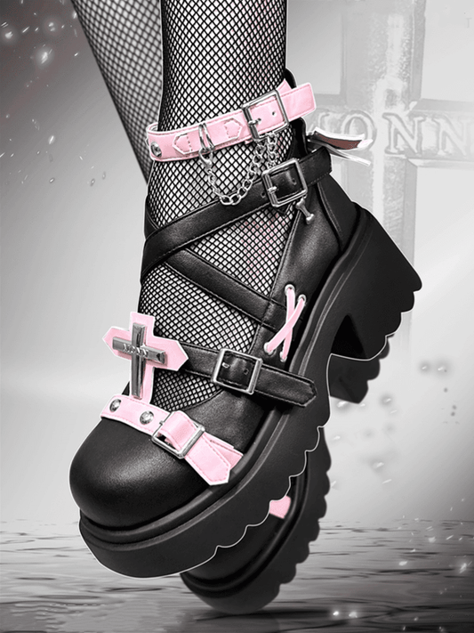 Silver-tone Studs Cross Black and Pink Platform Chunky Heels Punk Shoes