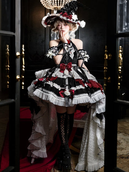Black and Red Halter Neck Little Witch Lolita Backless Dress + High-low Skirt Full Set