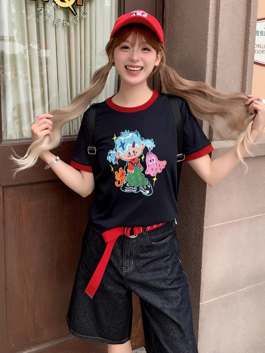 Navy Blue Round Neck Cartoon Print Contrast Trim T-shirt
