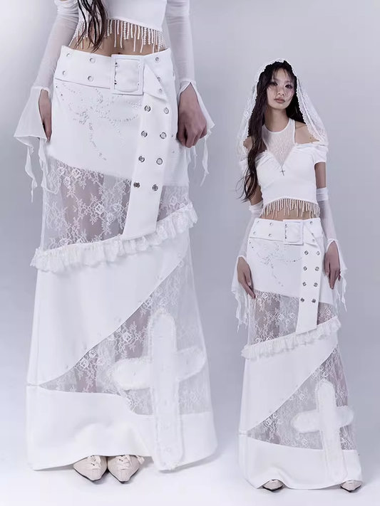 White Low Waist Lace Patches Cross Applique Punk Skirt with Buckle Belt