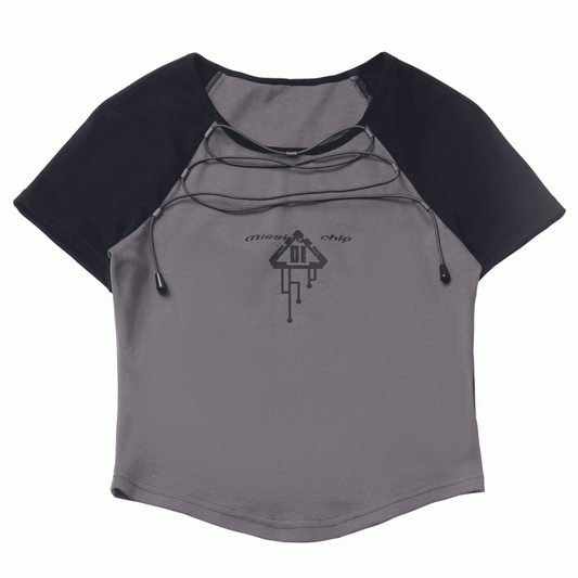 Black and Gray Colorblock Design Lace-up Front Techwear T-shirt