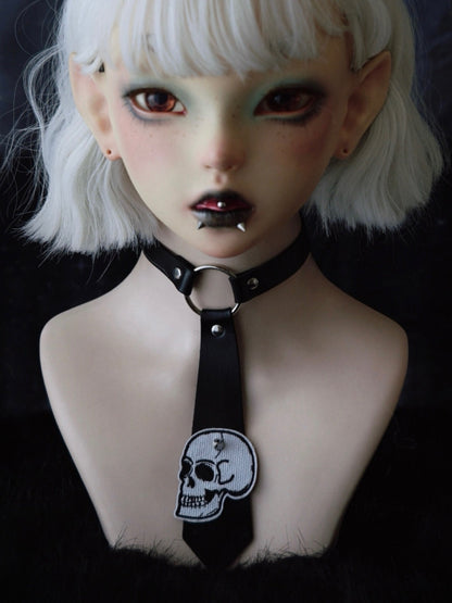 Black Gothic Skeleton Applique Studs Decorated Tie PU Choker