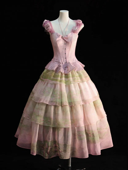 Pink Flounce Hem Boned Corset Top with Detachable Floral Adornments