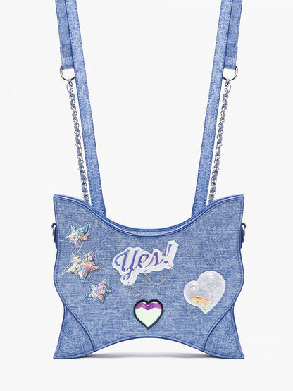 Stars and Sweethearts Decorated Denim Blue Butterfly Shaped Backpack
