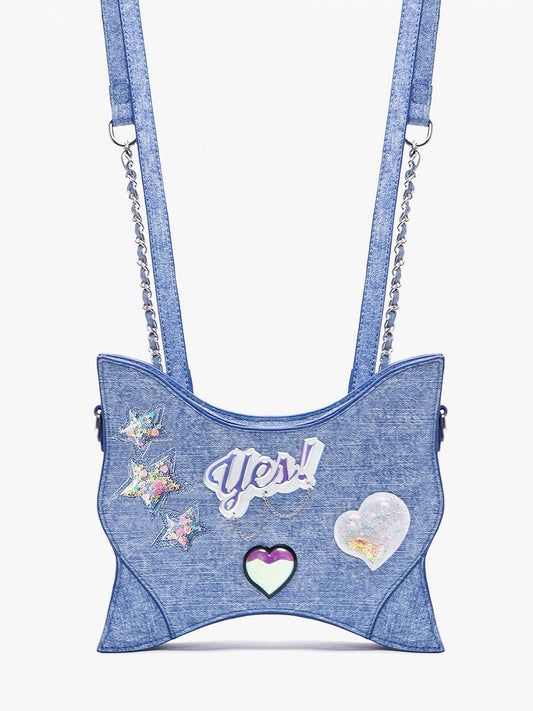 Stars and Sweethearts Decorated Denim Blue Butterfly Shaped Backpack