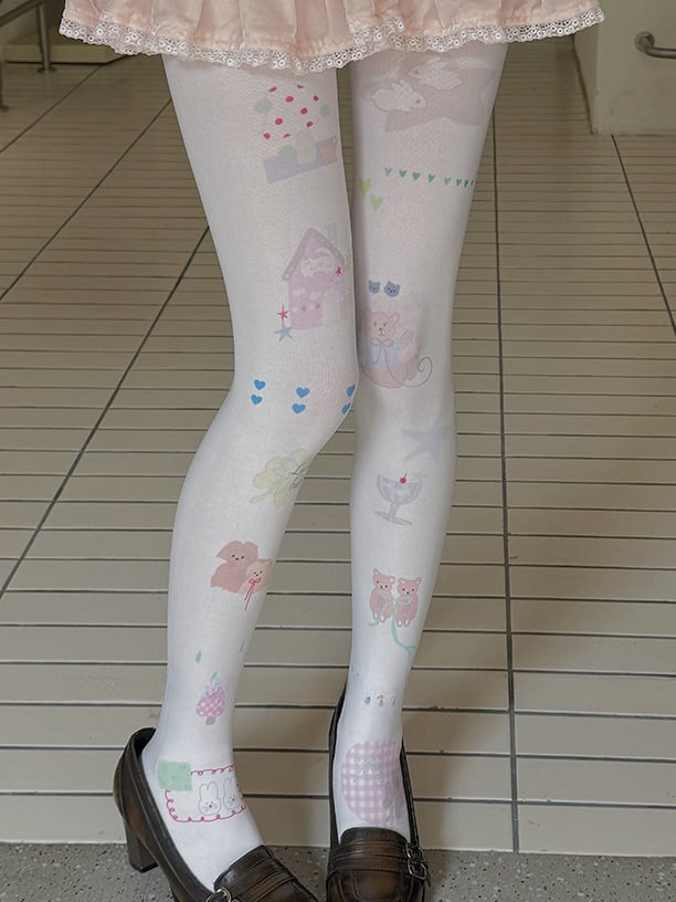 White Heart Bear Bunny Print Cartoon Tights
