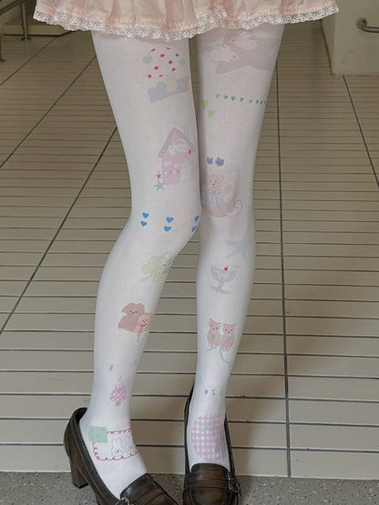White Heart Bear Bunny Print Cartoon Tights