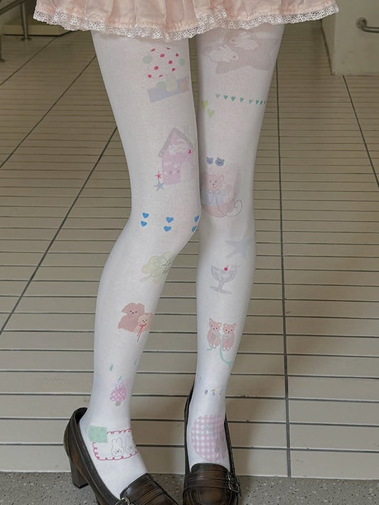 White Heart Bear Bunny Print Cartoon Tights