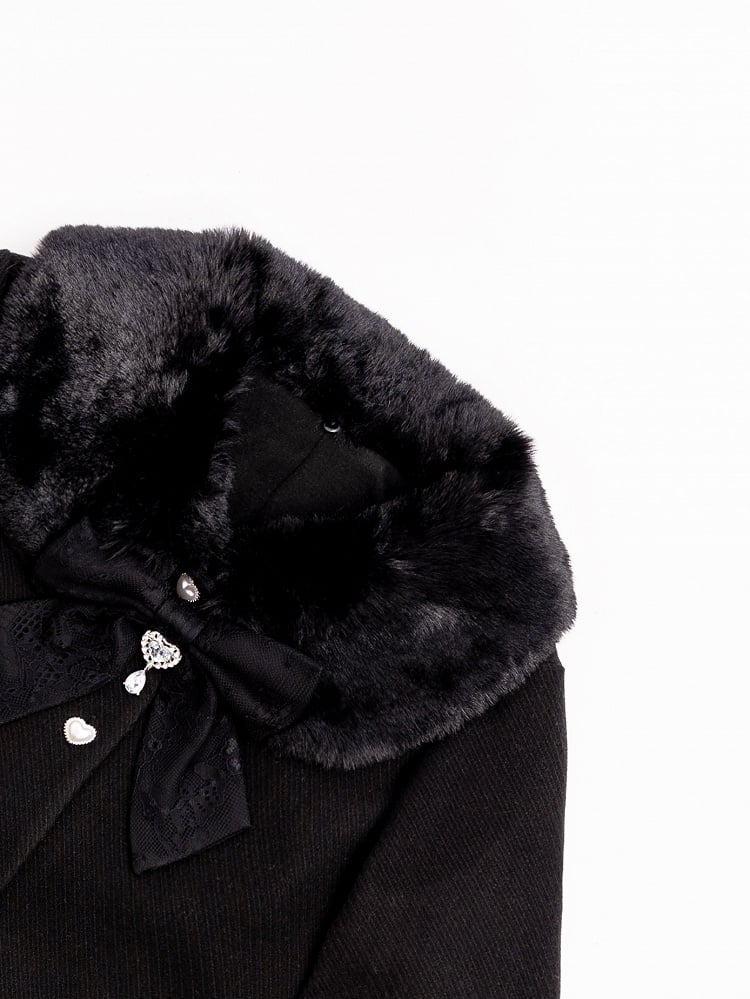 Jirai Kei Black Detachable Faux Fur Collar and Cuffs Landmine Style Coat