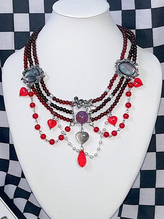 Red Black Y2K Punk Heart Rhinestone Pendant Beaded Necklace