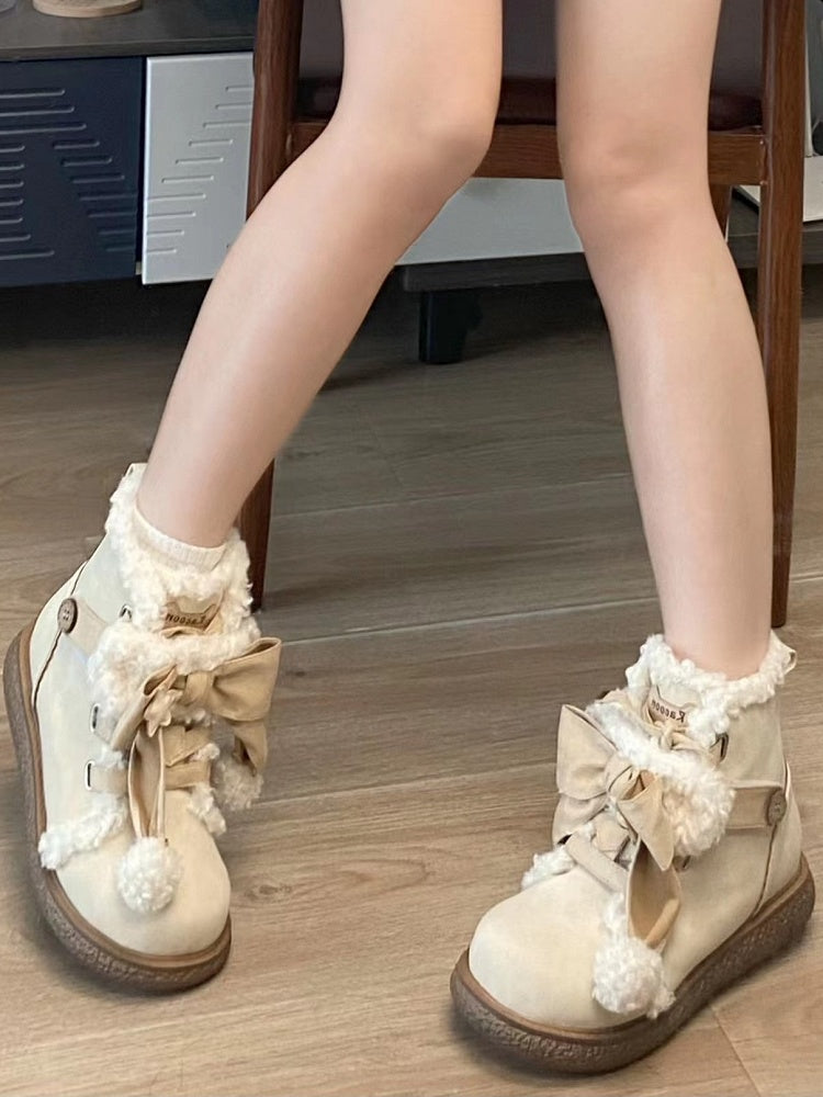 Sweet Lolita Beige 3cm Flat Sole Ankle Boots - Plush Lining, Star Patches & Apricot Bow Accents