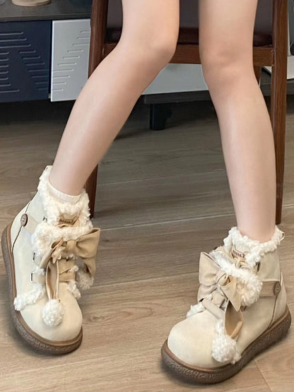 Sweet Lolita Beige 3cm Flat Sole Ankle Boots - Plush Lining, Star Patches & Apricot Bow Accents
