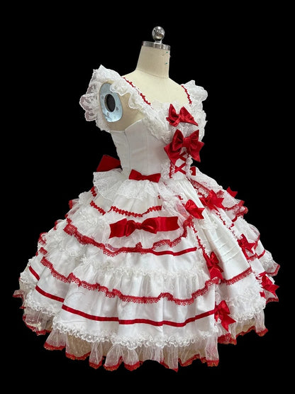 White and Red Sweet Bow Accents Princess Lolita Jumper Skirt