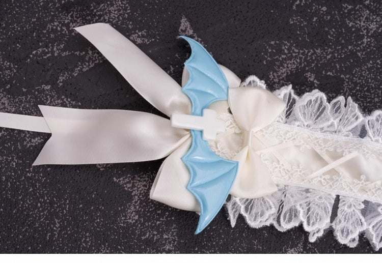 Crosses and Blue Wings White Bowknots Lace Hairband