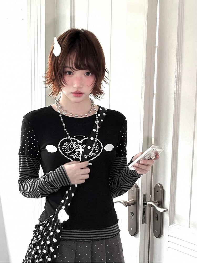 Black & Gray Striped Top with Heart & Corss Print Faux Two-pieces