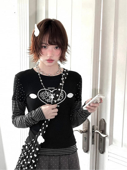 Black & Gray Striped Top with Heart & Corss Print Faux Two-pieces