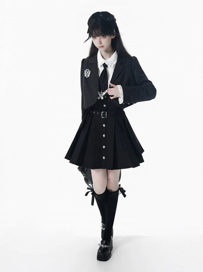 Black/Gray Adjustable Strap Box Pleat Overall Skirt with Belt