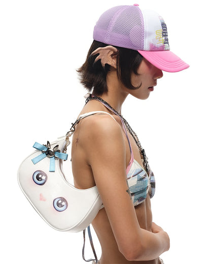 White Kitty Crescent-shaped PU Tote Bag